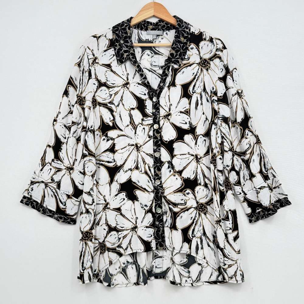 Habitat Floral Button Down Shirt Womens XL Black White 3/4 Sleeve Lagenlook Top